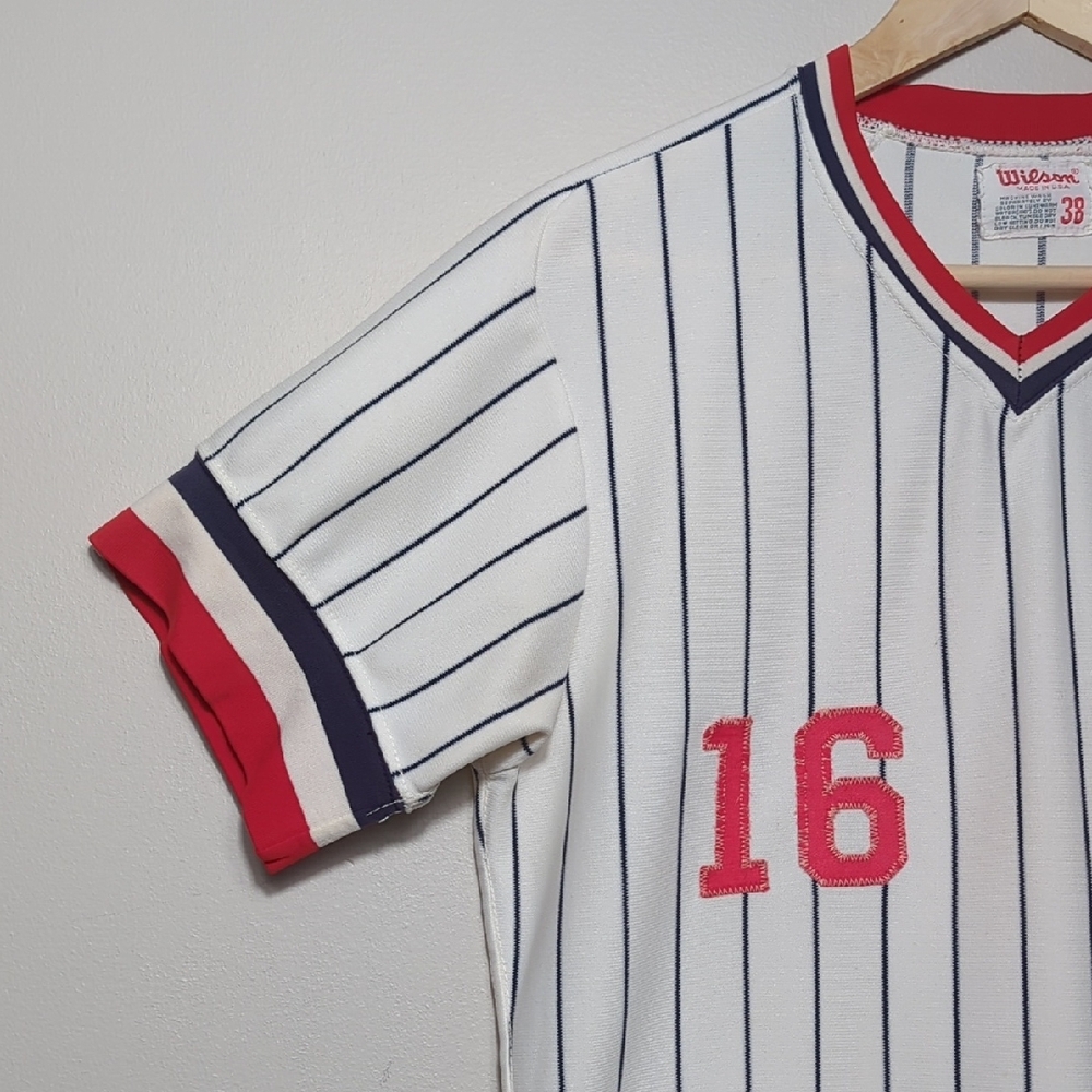 Vtg 70s 80s Wilson Baseball Uniform Jersey Pinstripe White Blue Red 16 USA SMALL - Picture 3 of 15